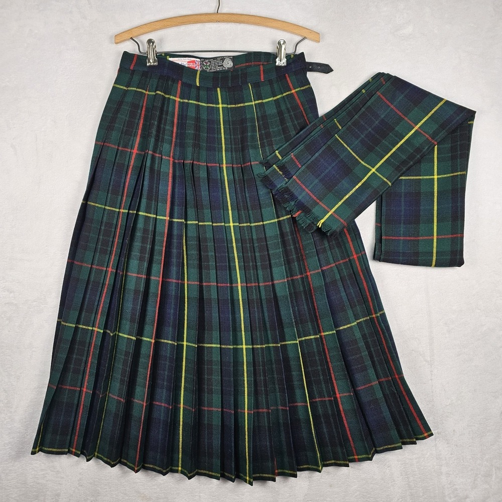 Vtg Rally Klad Wool Skirt Kilt & Scarf Set Women 14 Academia Pleats Tartan Plaid